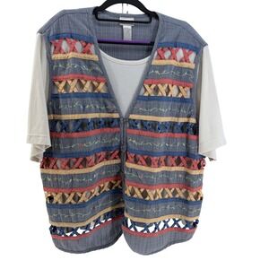 Koret Francisca Top Women 22 Blue Plaid Attached Vest Embroidered Grannycore VTG